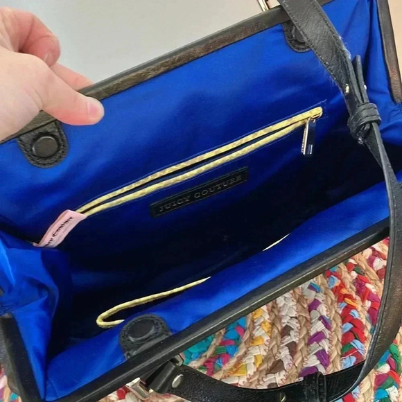 Juicy Couture black  leather electric blue satin lining gold studs bag - Picture 5 of 7